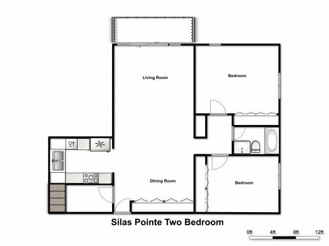 Floor plan for 2 beds, 1 bath, 975 sqft